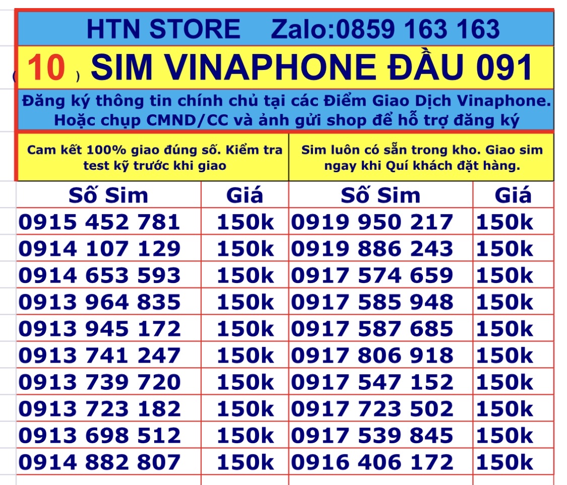 Sim vinaphone số đẹp đầu 091 vina trả trước sim nghe gọi và truy cập 4G, 5G - HTN
