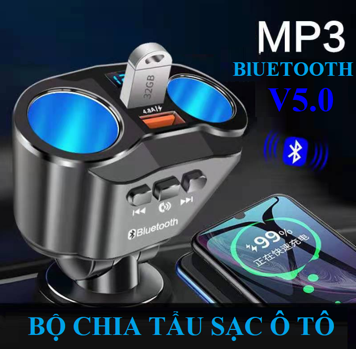 Tẩu sạc ô tô Bộ chia tẩu sạc ô tô kết nối bluetooth V5.0 rảnh tay sạc nhanh 4.8A màn hình kỹ thuật số