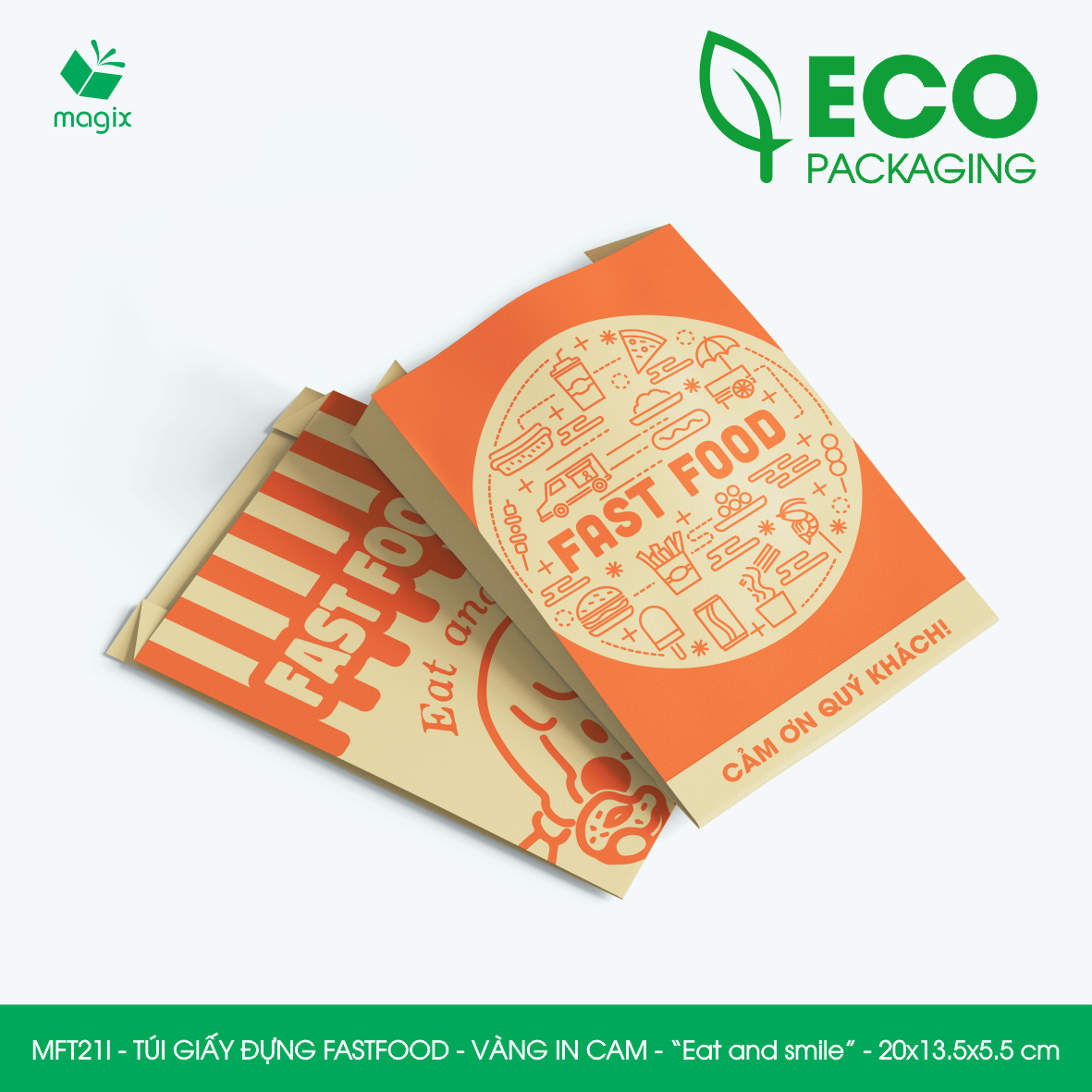 MFT21I - 20x13.5x5.5 cm - 100 Túi giấy Kraft đựng fastfood, túi đựng thực phẩm