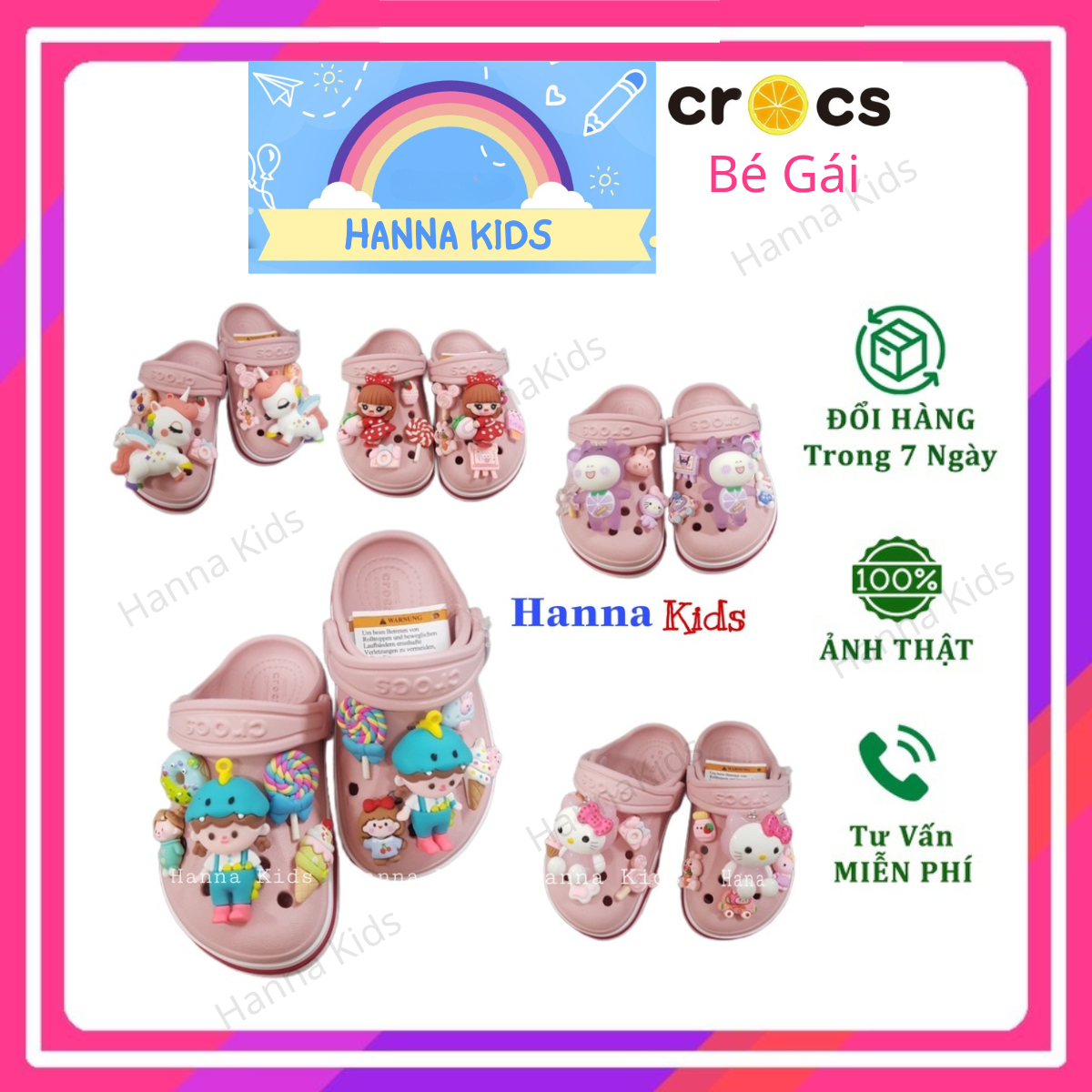 [TẶNG 12 STICKER] - Dép sục Cross Baya cho bé gái trẻ em màu Hồng HannaKids giày xục Crocs Clog Kid 