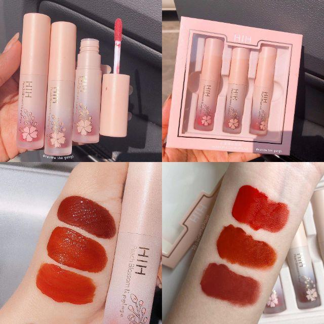 Set son kem 3 cây hoa anh đào HIH Set 3 cây son kem Kiss Beauty hoa anh đào Son kem hàng nội địa Trung
