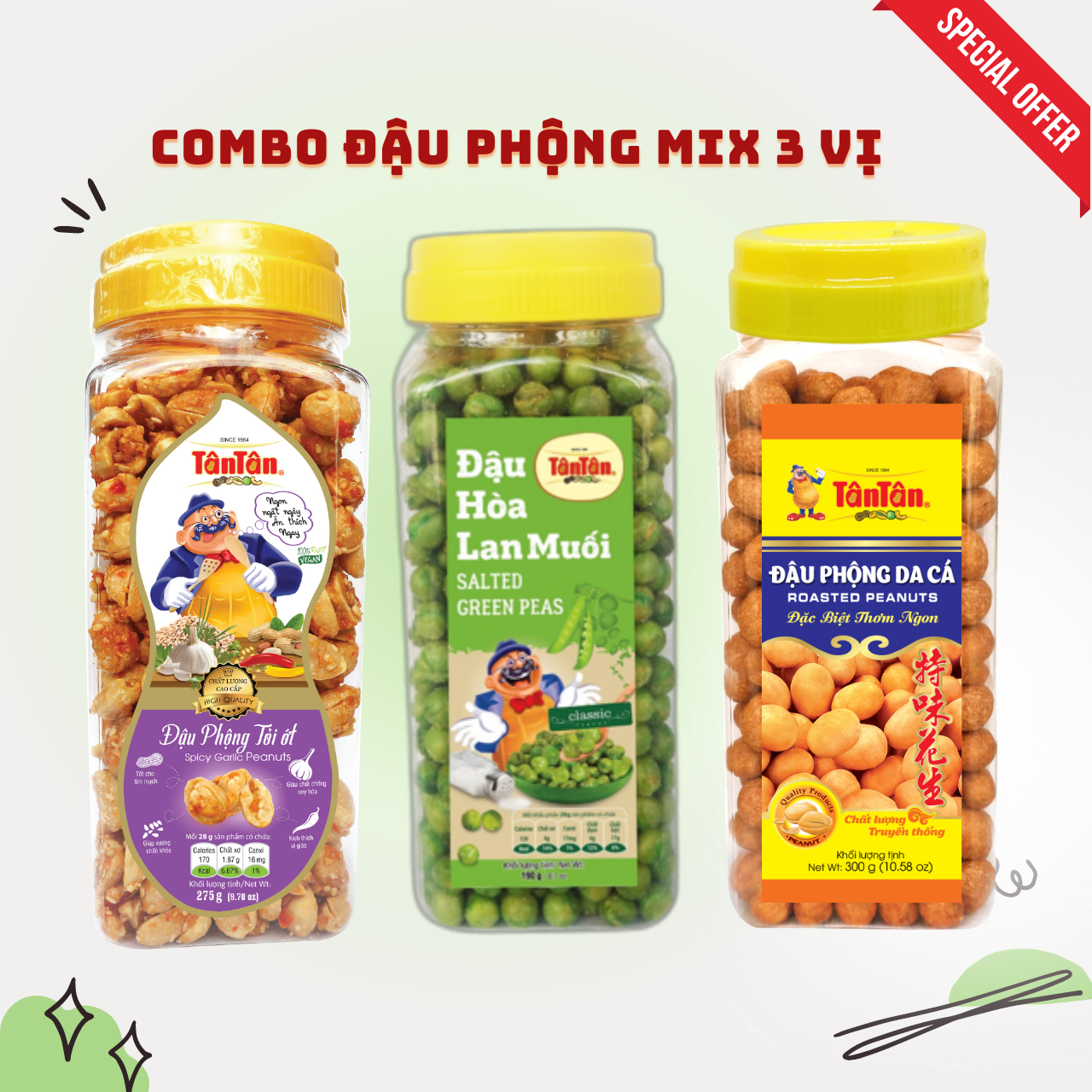 Combo 3 hủ đậu phộng tân tân: tỏi ớt 260g, hòa lan muối 190g, da cá 300g