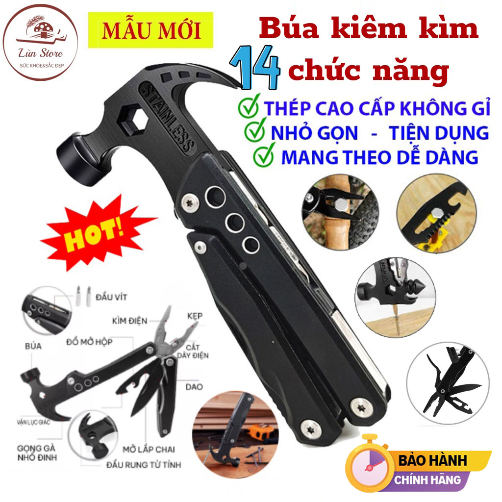 Búa kìm đa năng 14 trong 1 Nhật Bản, Búa đa năng cao cấp làm bằng thép không gỉ, Kìm búa đóng đinh đa năng, Búa thoát hiểm khẩn cấp, Bộ dụng cụ sửa chữa nhà cửa tiện lợi, Búa kìm gấp gọn tiện lợi khi đi dã ngoại