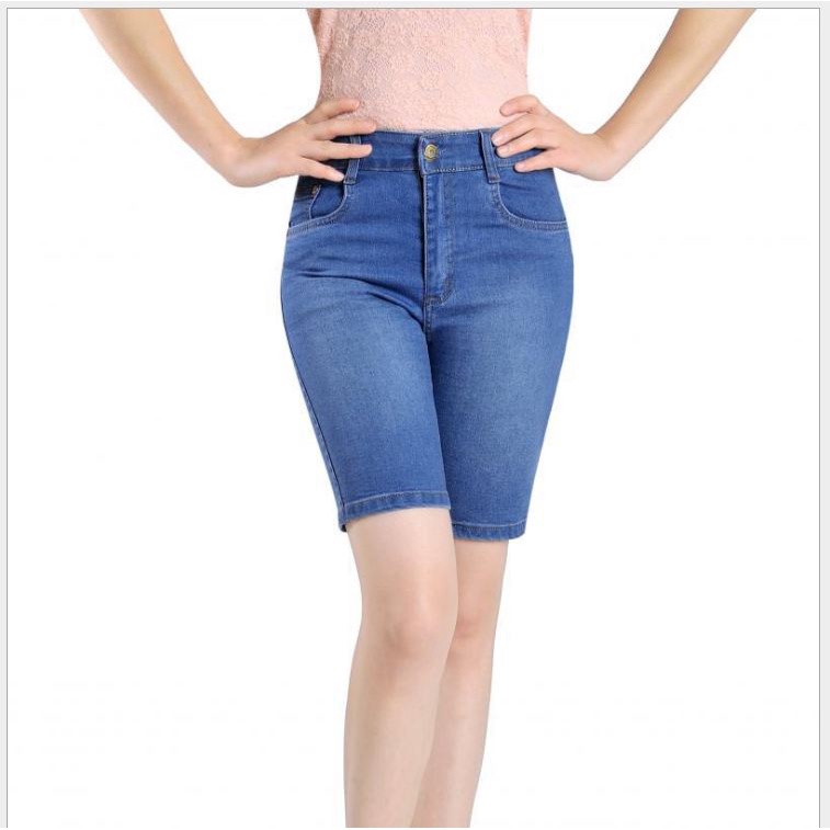 Quần short jean ngố nữ lưng cao quần đùi nữ ngang gối chất bò co giãn