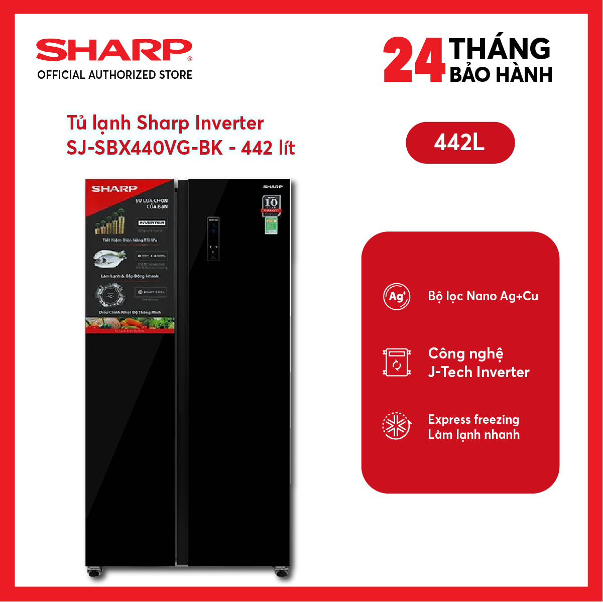 Tủ lạnh sharp inverter sj-sbx440vg-bk 442 lít