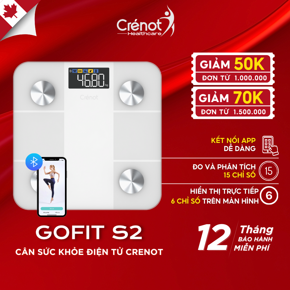 Cân sức khoẻ điện tử thông minh Crenot Gofit S2 kết nối bluetooth đo lường phân tích chỉ số cơ thể body fat scale can dien tu suc khoe thong minh đo mỡ - Bảo hành 12 tháng