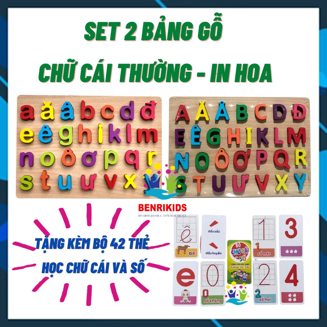 TẶNG BỘ 42 THẺ HỌC , Bộ 2 Bảng Chữ Cái Tiếng Việt Thường Và Hoa Bằng Gỗ