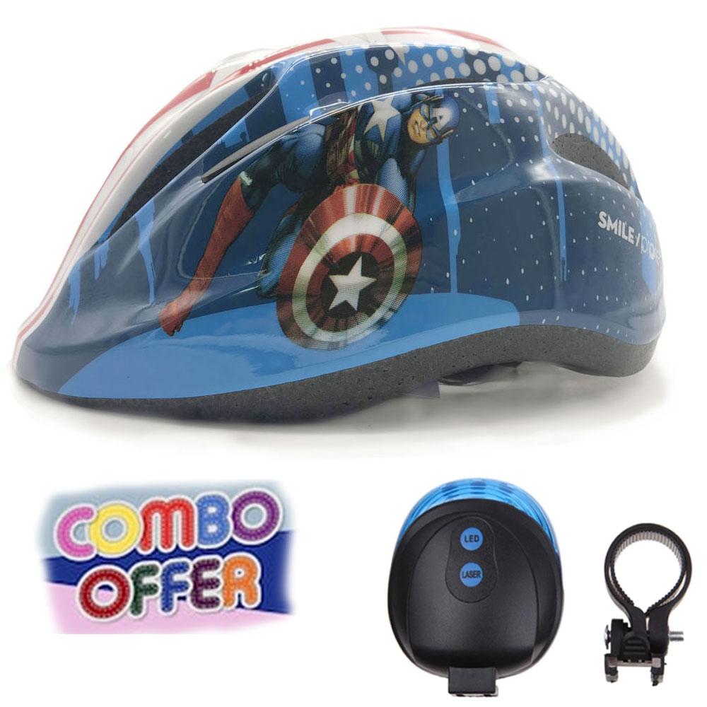 Combo Mũ Bảo Hiểm Xe Đạp Trẻ Em Protec SMILE + Đèn Chiếu Hậu Laser Xe Đạp Dành Cho Bé Trai Từ 2 Đến 12 Tuổi  Họa Tiết Siêu Anh Hùng Captain American Ấn Tương - PROTEC HELMET