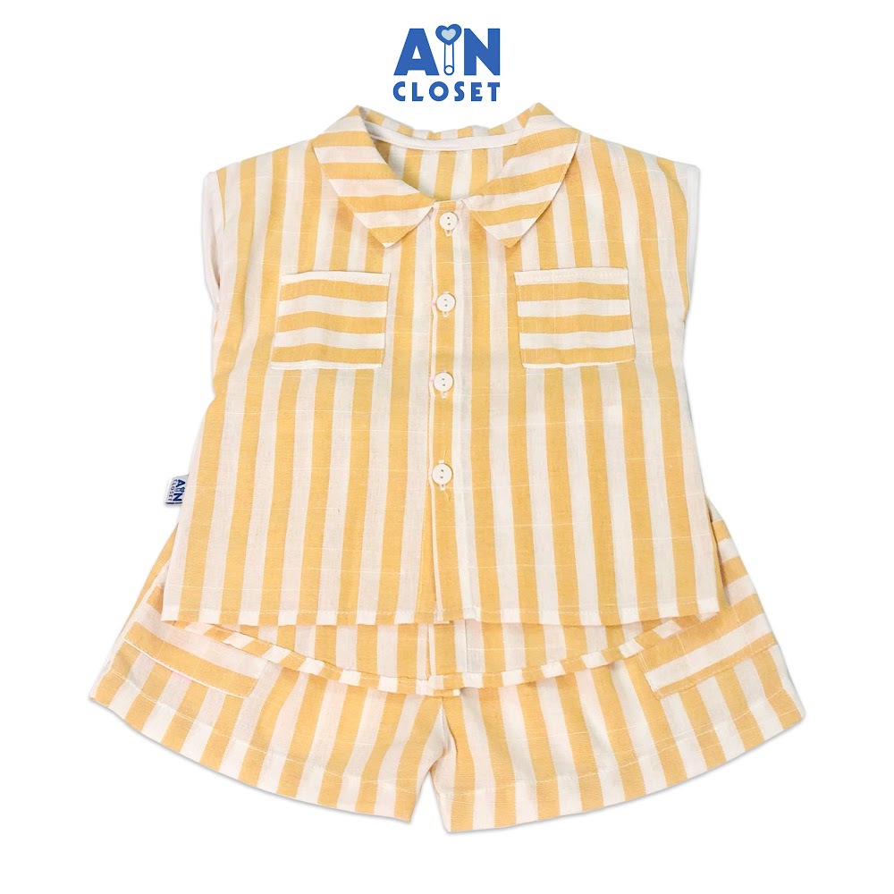 Bộ quần áo ngắn unisex kẻ vàng trắng cổ sơ mi linen cotton - aicdbt0tkxqk - ain closet