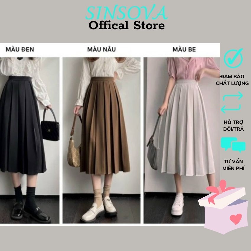 Chân váy xếp ly dáng dài màu đen nâu be Sinsova M887