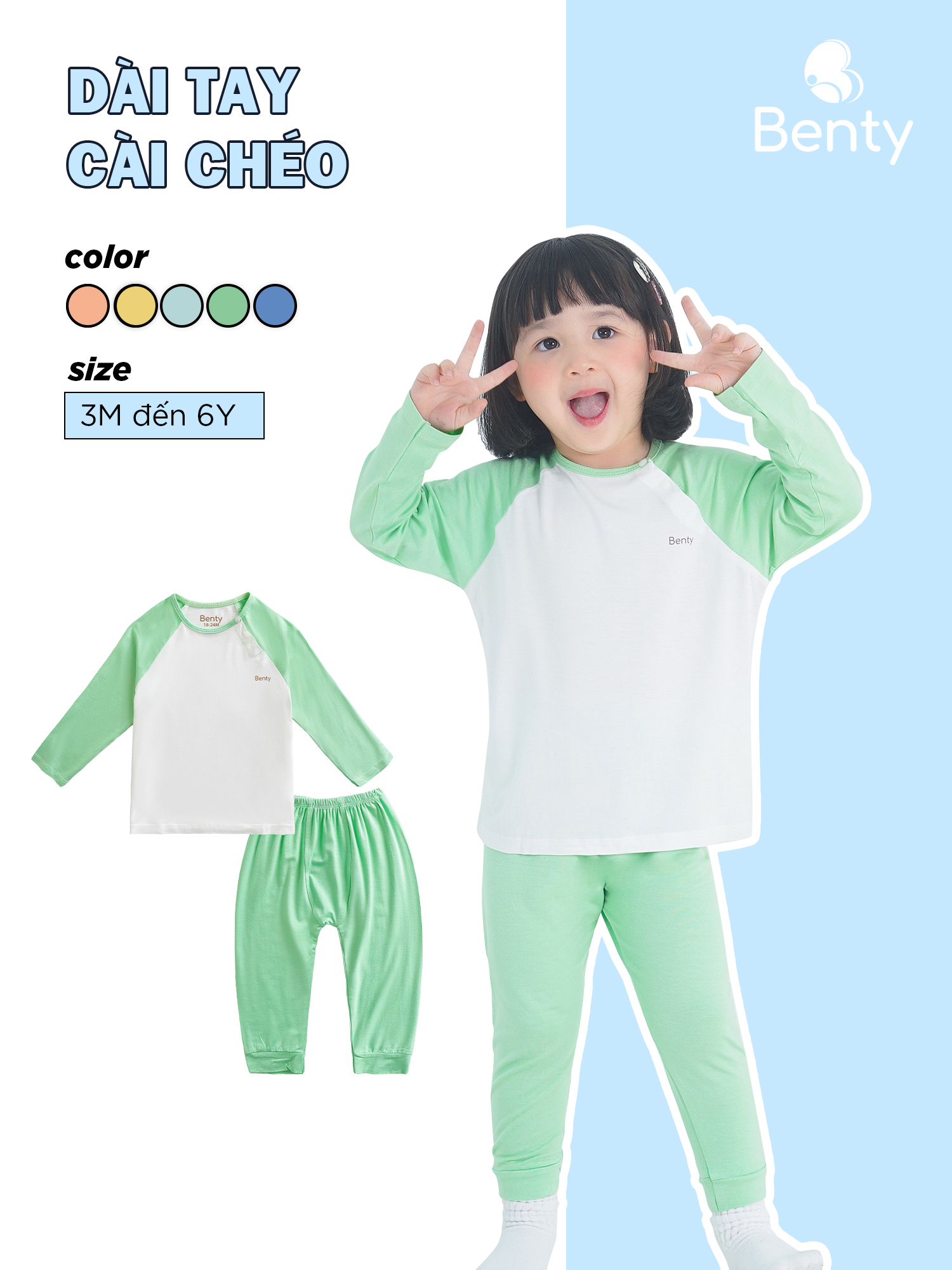 Bộ dài tay cài chéo phối BENTY chất vải mềm mịn, quần áo trẻ em quần dài, áo dài chính hãng