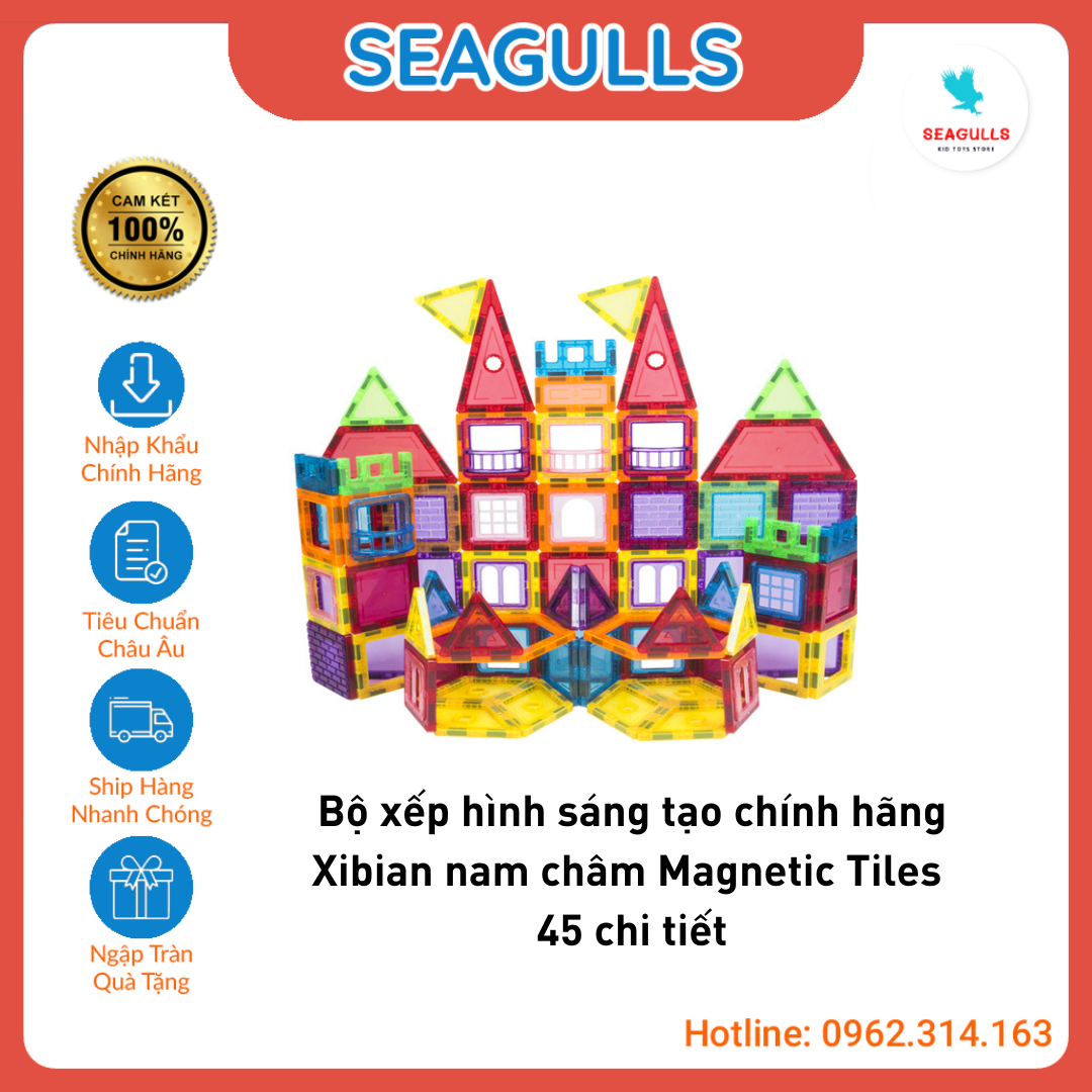 Đồ chơi trí tuệ nam châm cầu vồng magnetic 45 tiles, Bộ xếp hình chính hãng Xinbida an toàn cho bé 3 tuổi trở lên, đồ chơi trí tuệ phát triển sáng tạo seagulls