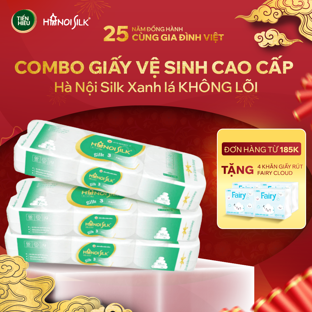 [Tet 2026] Hanoi Silk Green/Purple 3-Layer Toilet Paper Combo Without Core/With Soft, Smooth, Fast-Dissolving Core, Free 2 Packs of Peach Tissue Paper 450 Sheets
