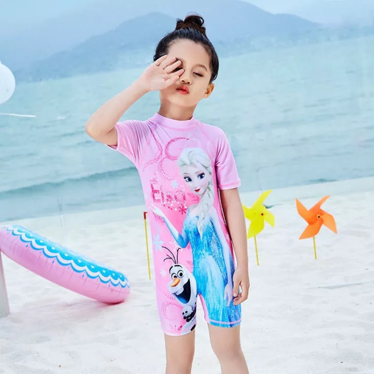 Bộ bơi trẻ em, đồ bơi liền thân Elsa cho bé gái kèm mũ 13-30kg