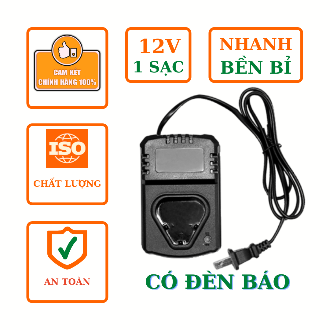 Sạc pin Adapter máy khoan bắt vít dạng đế Li-ion 12V 100-240VAC 50/60Hz, có đèn báo, tự động ngắt khi Pin đầy