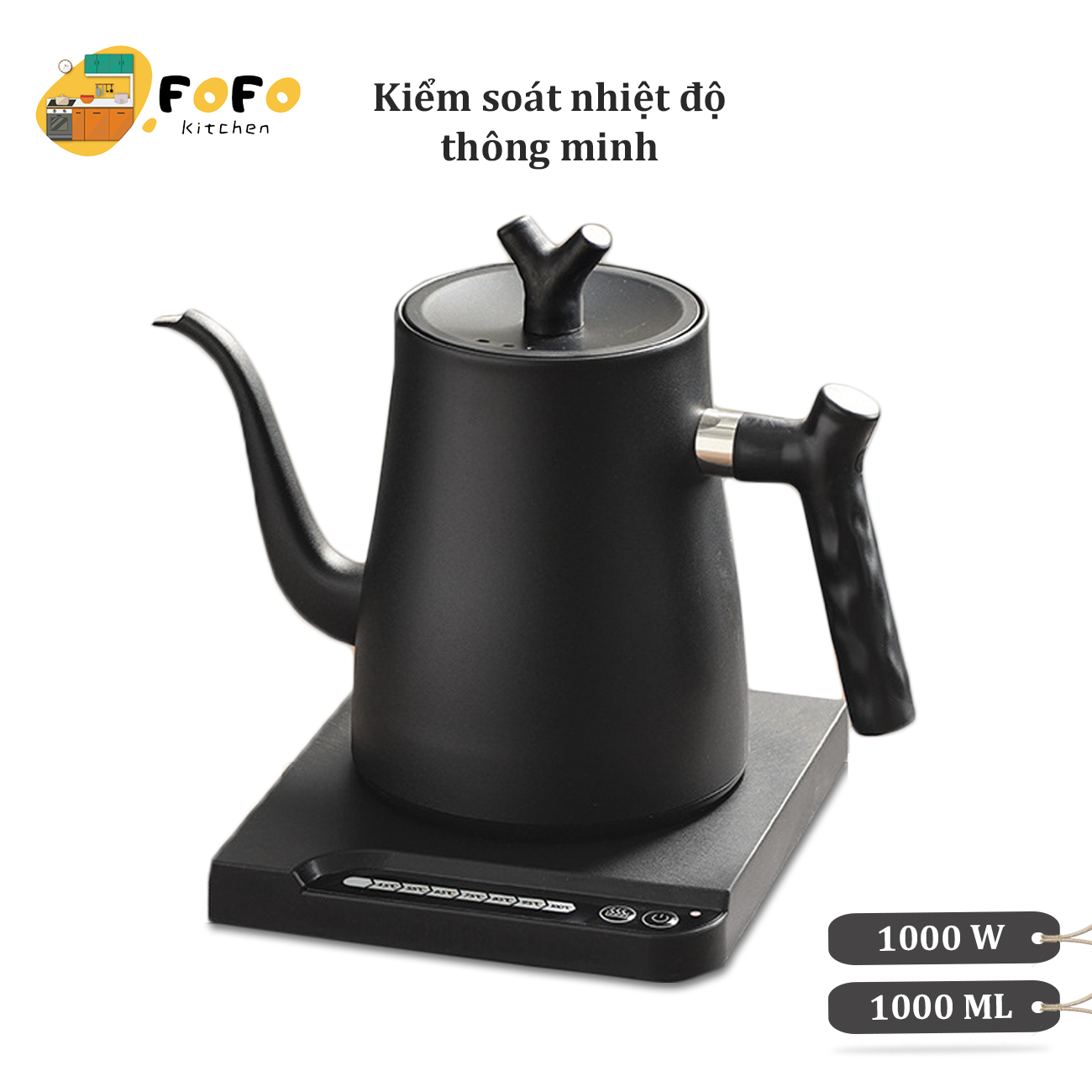 Ấm siêu tốc cổ ngỗng kiểm soát nhiệt độ 1000ML Ấm đun nước cổ ngỗng 1000W đun sôi nhanh nước chống khô inox 304 bình cổ ngỗng Tự động tắt nguồn ấm cổ ngỗng Electric kettle FOFO