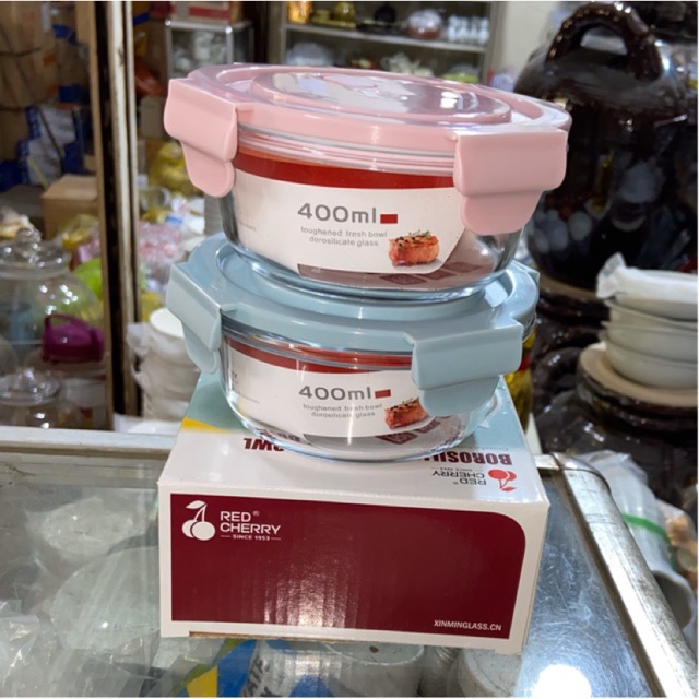 Bộ 3 hộp thủy tinh Red cherry phong cách Hàn Quốc, bát thủy tinh chịu nhiệt có nắp đậy,hộp thủy tinh đựng cơm siêu đẹp