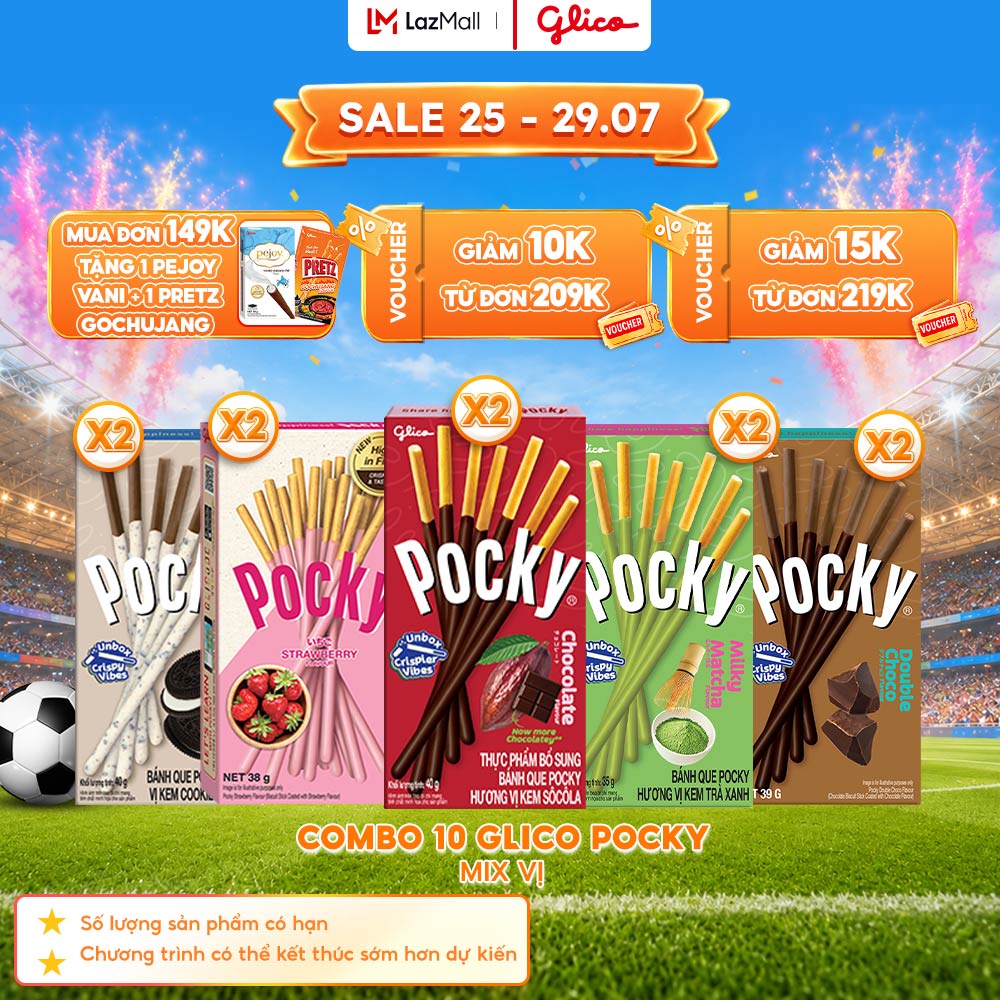 Combo 10 Hộp Bánh Que Phủ Kem Nhiều Vị Glico Pocky (00459_2 Dâu - 2 Cookies Cream - 2 Socola - 2 Double Choco - 2 Matcha)