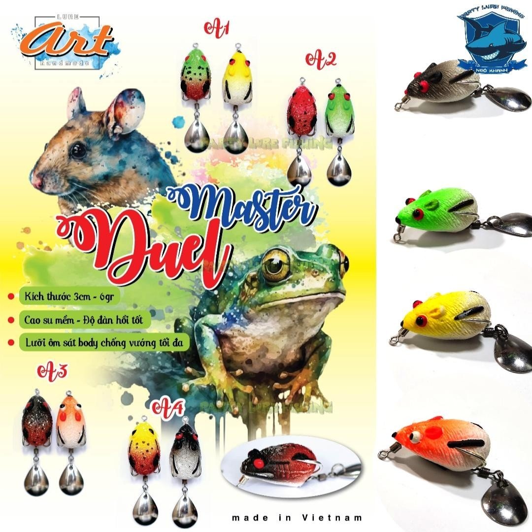 Combo 2 mồi câu cá lóc nhái hơi chuột cóc art duel , mồi lure lóc handmade 2 in 1 cao su thái lan