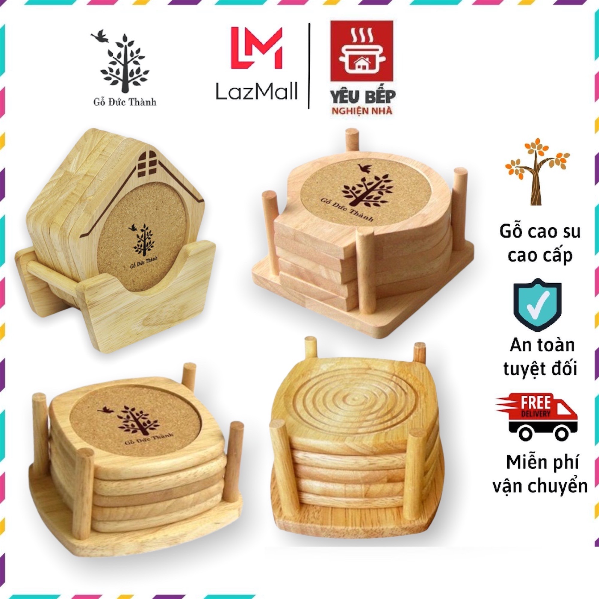 Bộ 6 miếng lót ly cao cấp nhiều hoạ tiết, khay đựng ly gỗ trang trí, đế lót ly - gỗ đức thành