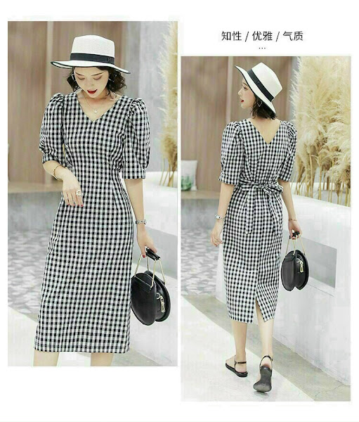Đầm caro eo thắt nơ cổ v tay phồng