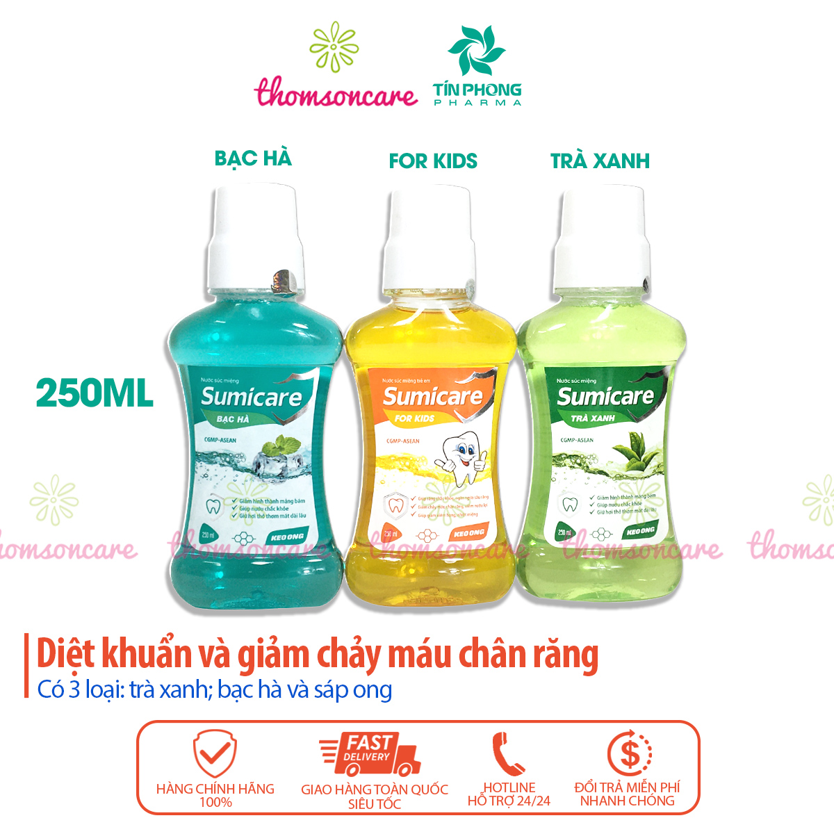 Nước súc miệng Sumicare bạc hà, trà xanh, keo ong - cho trẻ em và người lớn - Chai xúc họng thơm miệng 250ml