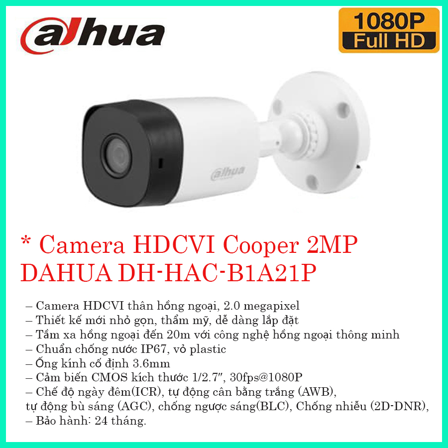 Mắt Camera Ngoài Trời Hồng Ngoại Dahua DH-HAC-B1A21P , Độ Phân Giải 2.0MP- Hàng Chính Hãng