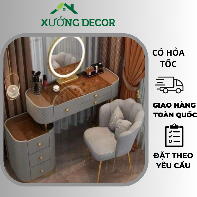 ( CÓ HỎA TỐC) Bộ bàn trang điểm decor phòng ngủ FULL-HOUSE tích hợp tủ đầu giường có loa nghe nhạc bluetooth, sạc cảm ứng không dây, cổng USB,,, bàn trang điểm  gương tròn, gương sóng có bán riêng ghế