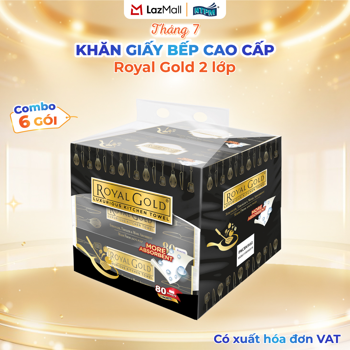 [COMBO 6 GÓI] Khăn giấy bếp cao cấp đa năng Royal Gold, 2 lớp - 100% bột giấy nguyên sinh, không chất tẩy, 80 tờ/gói - Chính hãng