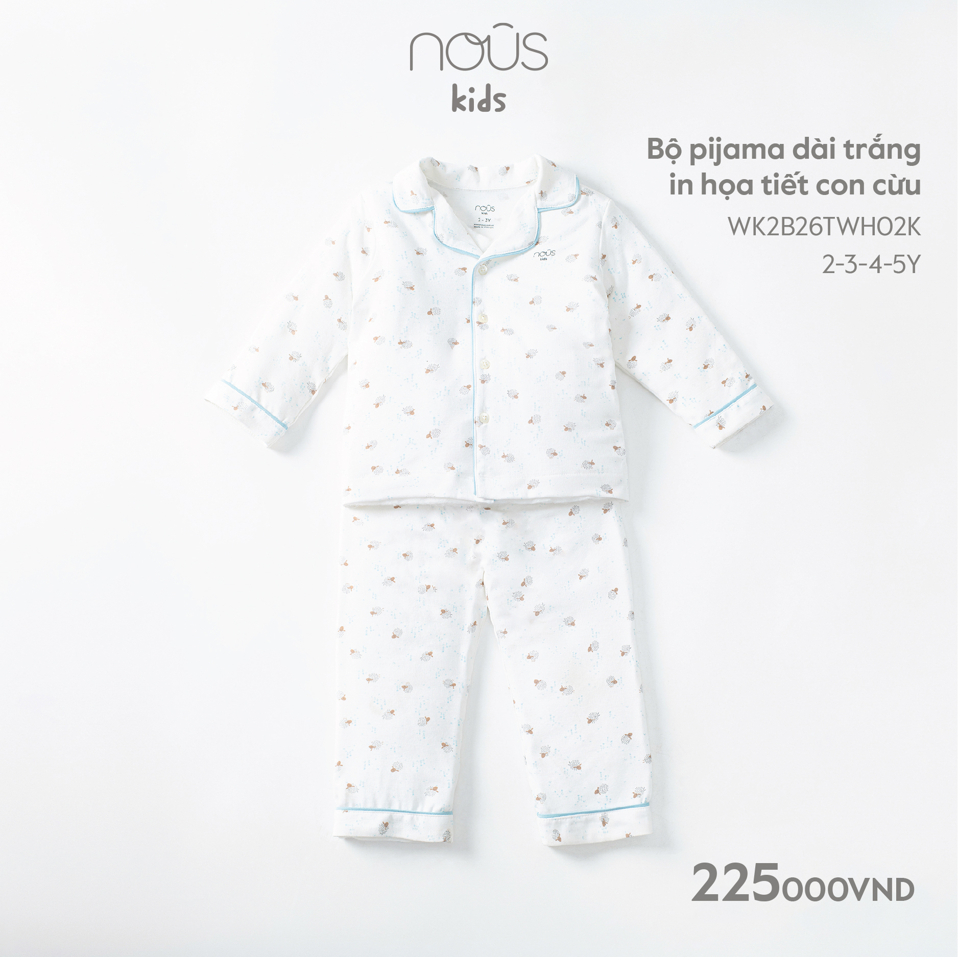 Bộ quần áo pyjama Nous phù hợp bé trai, bé gái màu trắng cho bé size từ 2-3 tuổi đến 5-6 tuổi