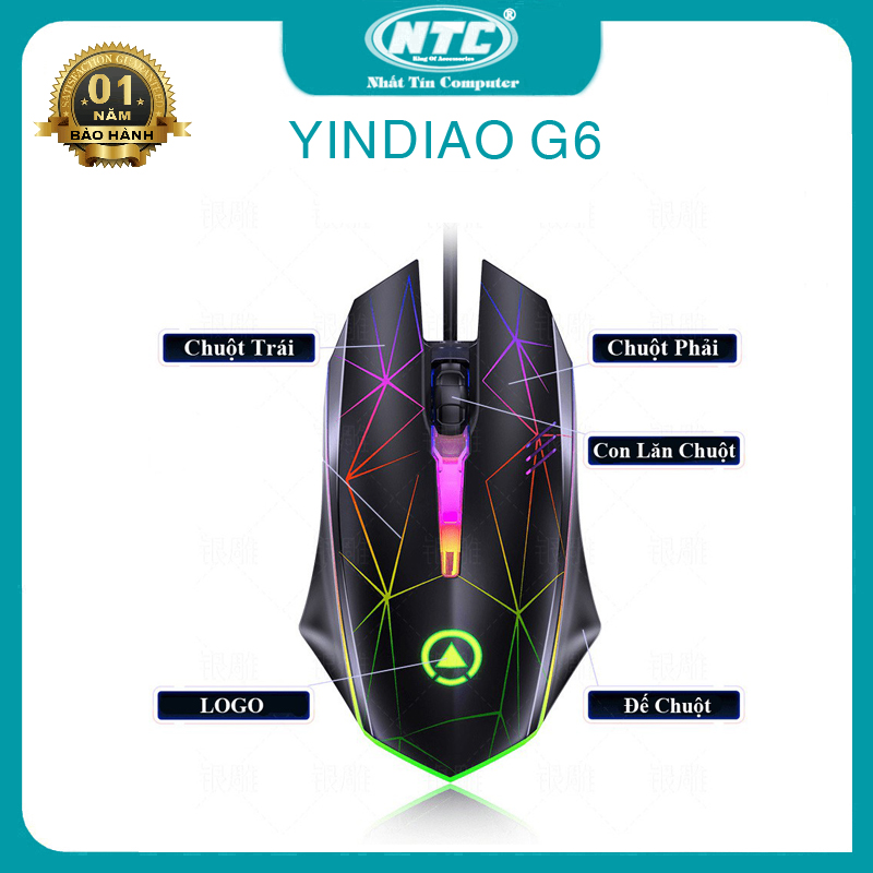 Chuột gaming Yindiao G6 led đa màu sọc cực đẹp đen Nhất Tín Computer