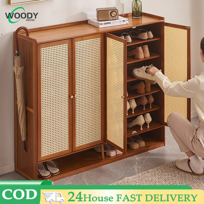 Tủ gỗ giày phong cách retro Tủ giày tre gỗ công suất lớn Tủ mây cửa nhiều lớp chất lượng cao Tủ giày gia đình đơn giản