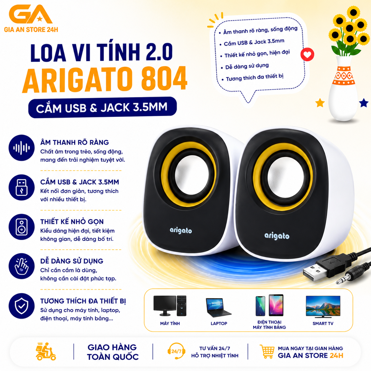Arigato Loa Vi Tính 804 2.0 Mini Âm Thanh Stereo Cắm USB Jack 3.5mm Dùng Cho PC Laptop Thiết Kế Nhỏ Gọn Tiết Kiệm Diện Tích