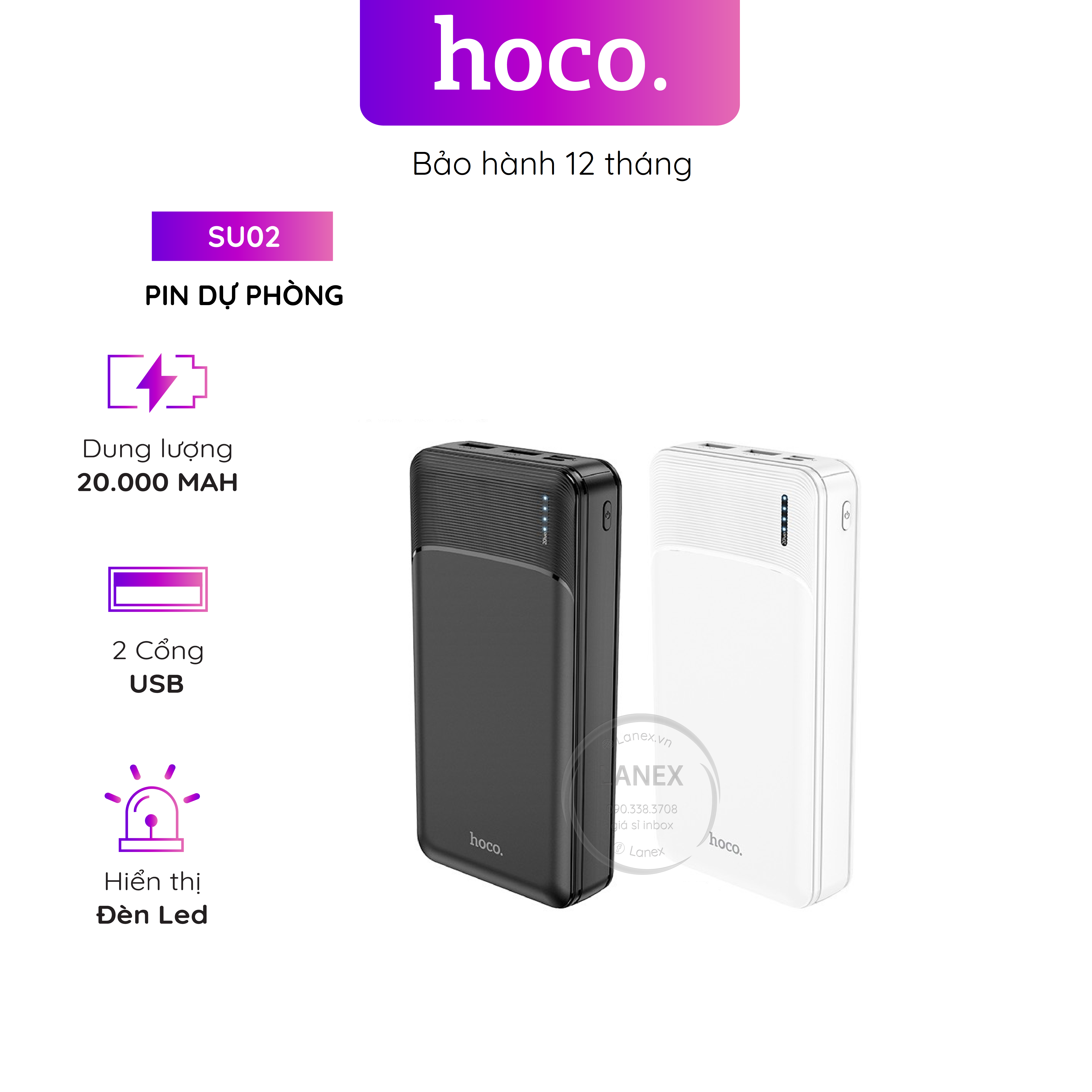 Pin dự phòng hoco su02 polymer a+ 2 cổng usb 2.0a 20000mah đèn led