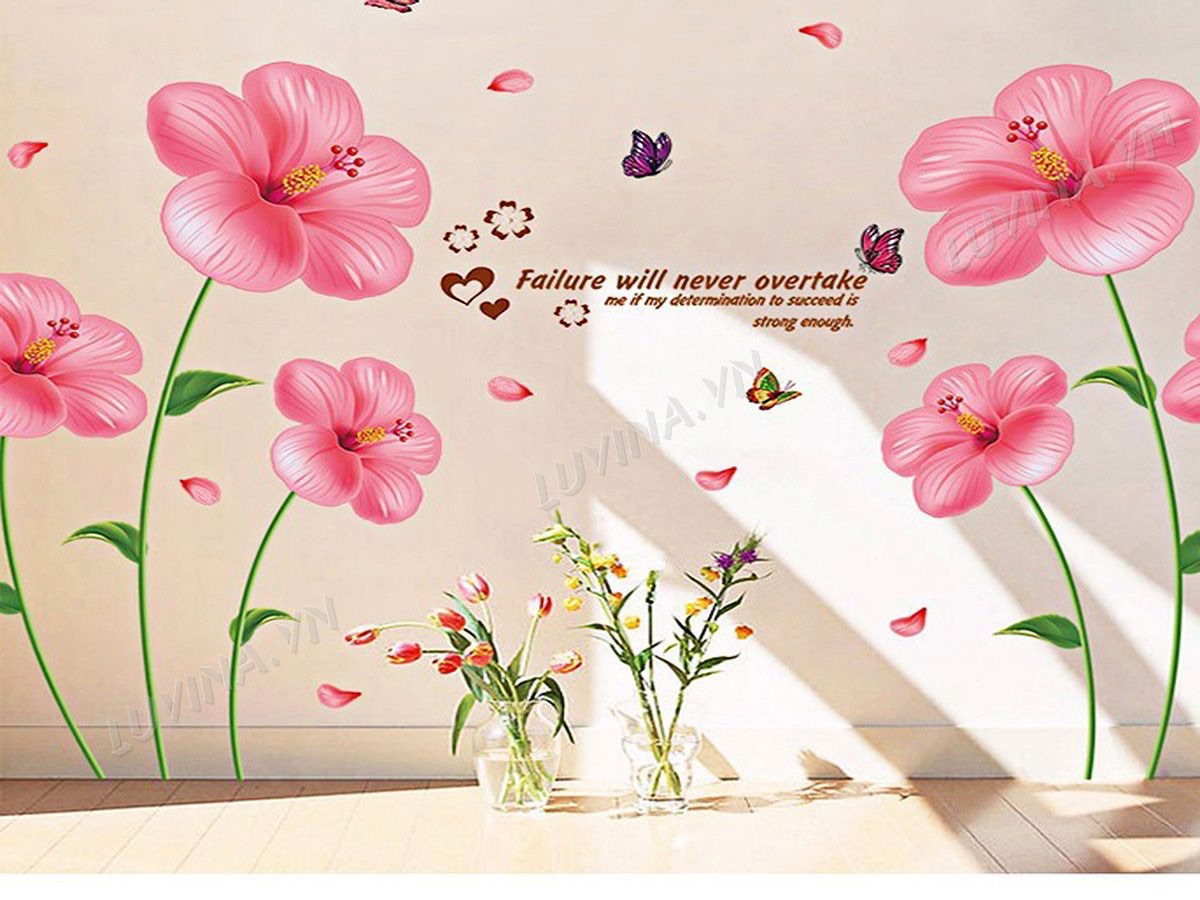 Decal tranh dán tường kiểu hoa dâm bụt hồng