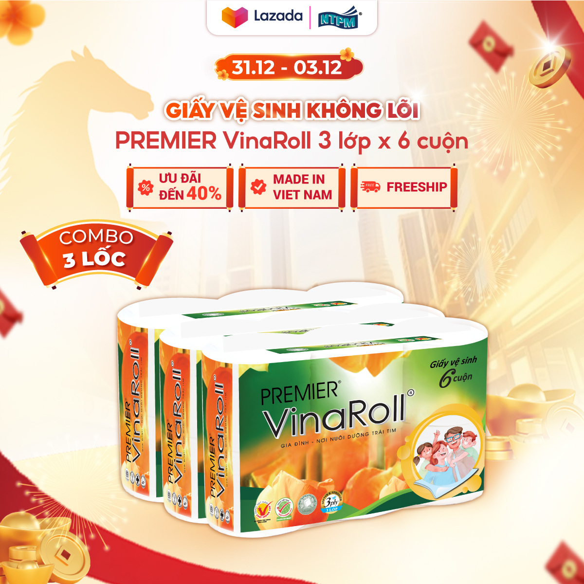   COMBO 3 LỐC  Giấy vệ sinh PREMIER VinaRoll không lõi 3 lớp - 100% bột giấy nguyên sinh không chất tẩy 6 cuộn lốc - Chính hãng 