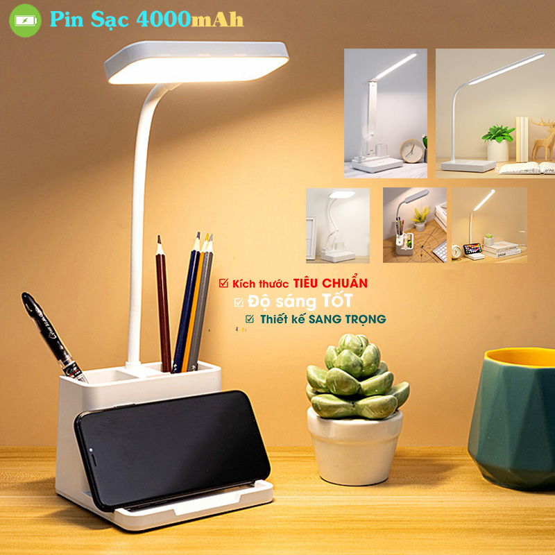 Đèn bàn học để bàn sạc pin tích điện SL 4000mAh với 3 chế độ ánh sáng trắng, vàng và trắng ấm điều chỉnh được độ sáng