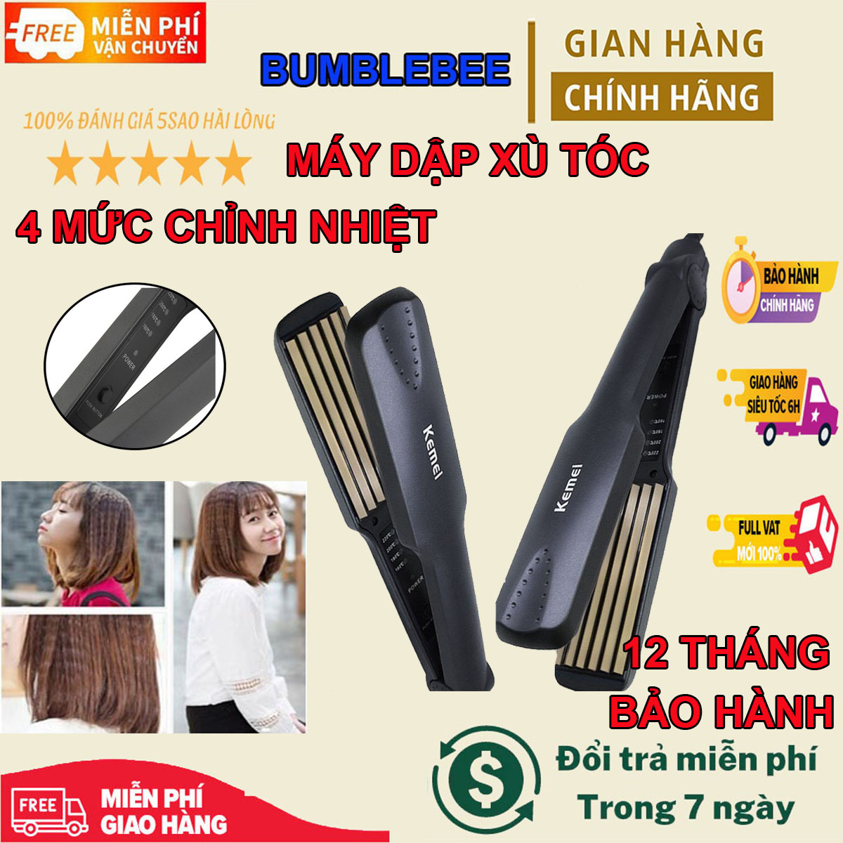Máy dập xù tóc bản to, máy bấm phồng chân tóc Kemei KM-322, máy bấm tóc mini gợn sóng giá rẻ công suất lớn, tiết kiệm điện, bảo vệ tóc không gây hư tổn bảo hành 18 tháng