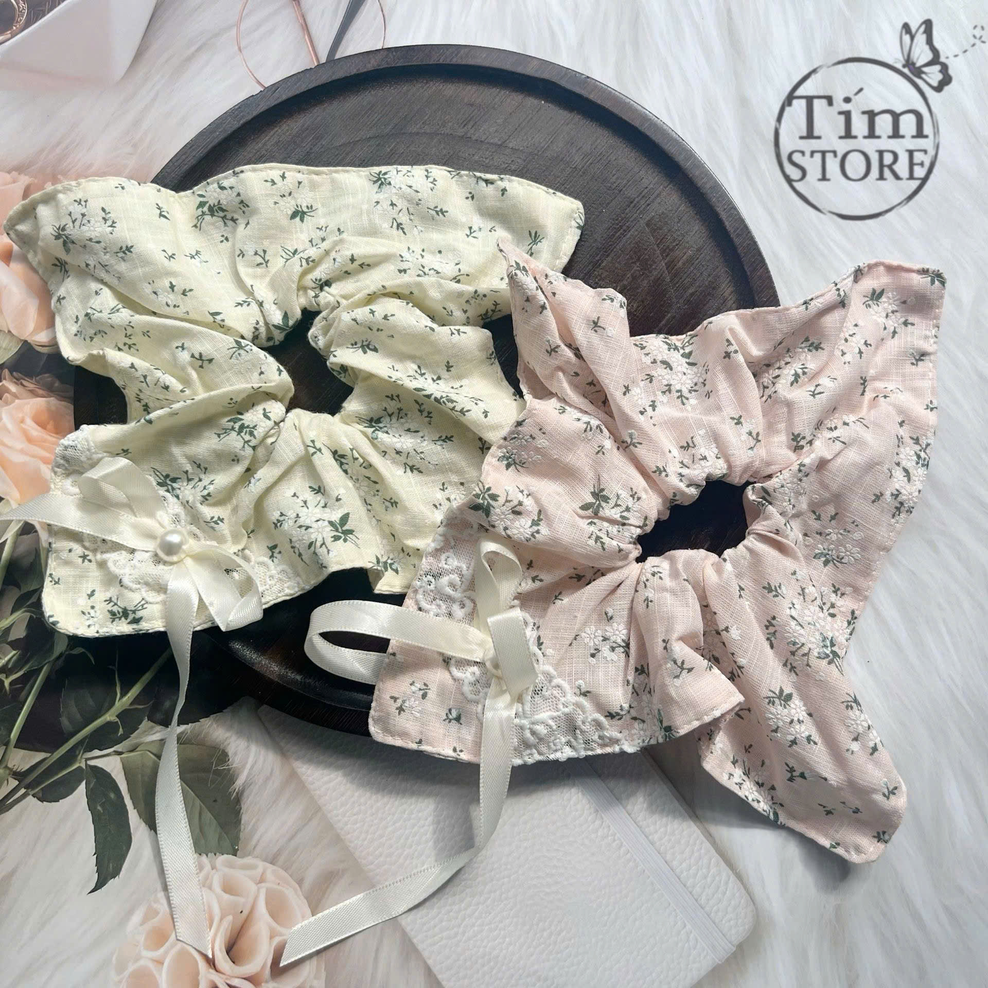 COMBO 5 SCRUNCHIES CÚC LƯỚI THÊU, CỘT TÓC VẢI THỜI TRANG GIÁ RẺ
