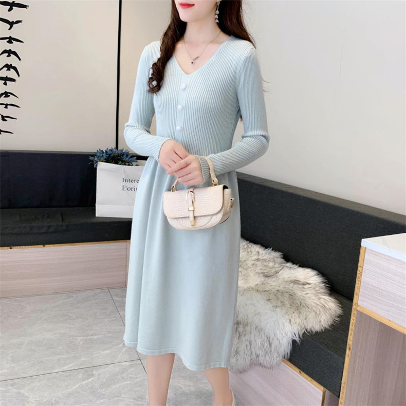 Váy len quảng châu dáng dài cổ v dài tay