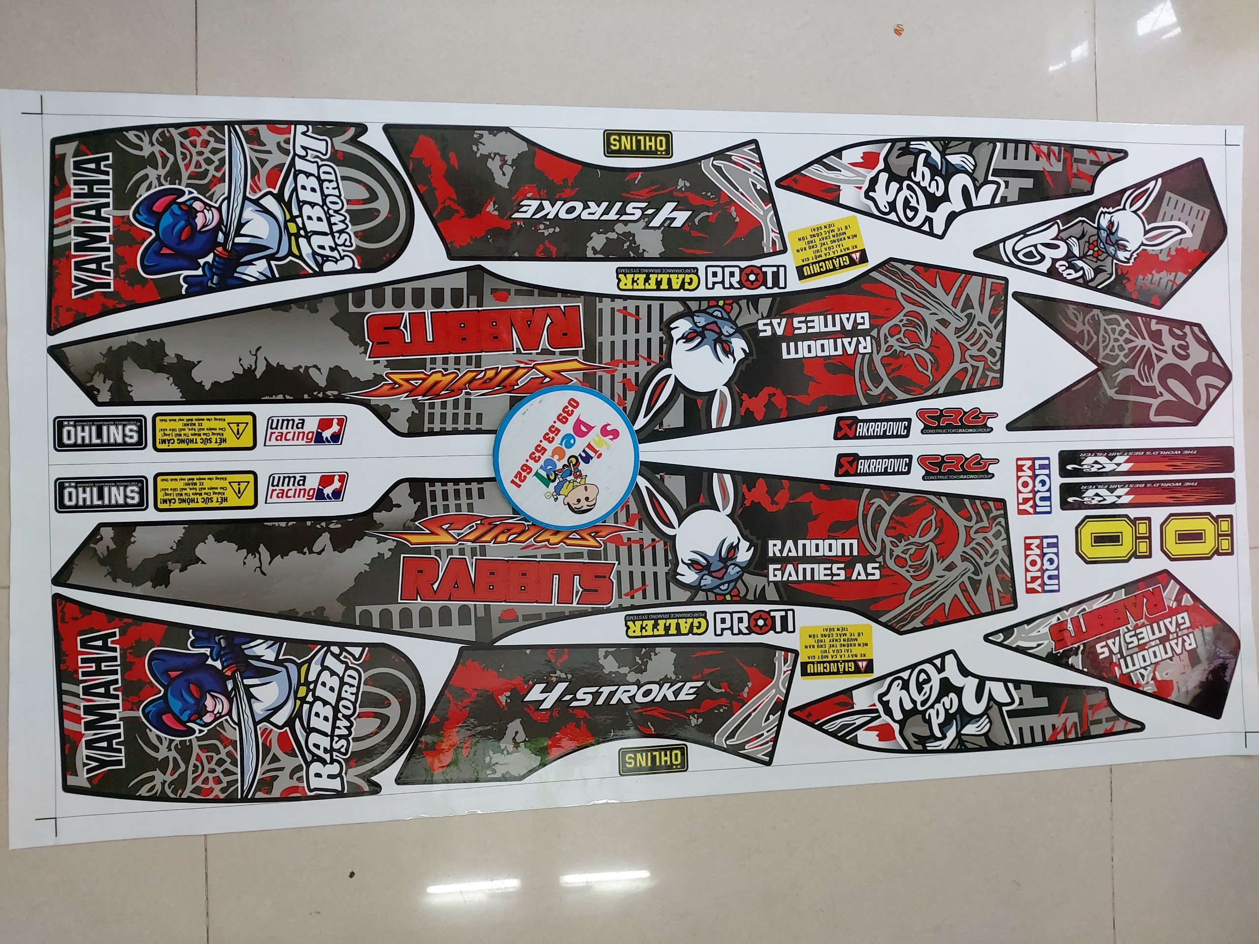 [HCM]Tem sirius xăng cơ thỏ rabit cầm đao đỏ đen dán xe đen