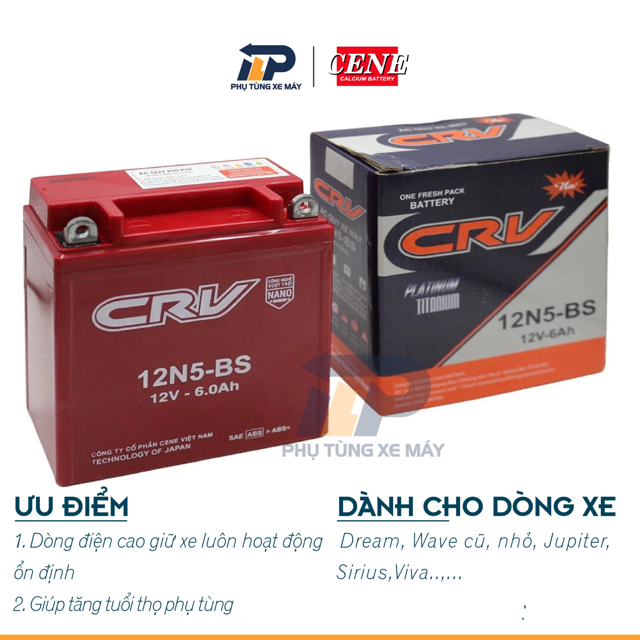 ẮC QUY KHÔ CRV XE DREAM XE ĐỜI CŨ/ WAVE XE ĐỜI CŨ/ SIRIUS - BÌNH CAO - MÀU ĐEN