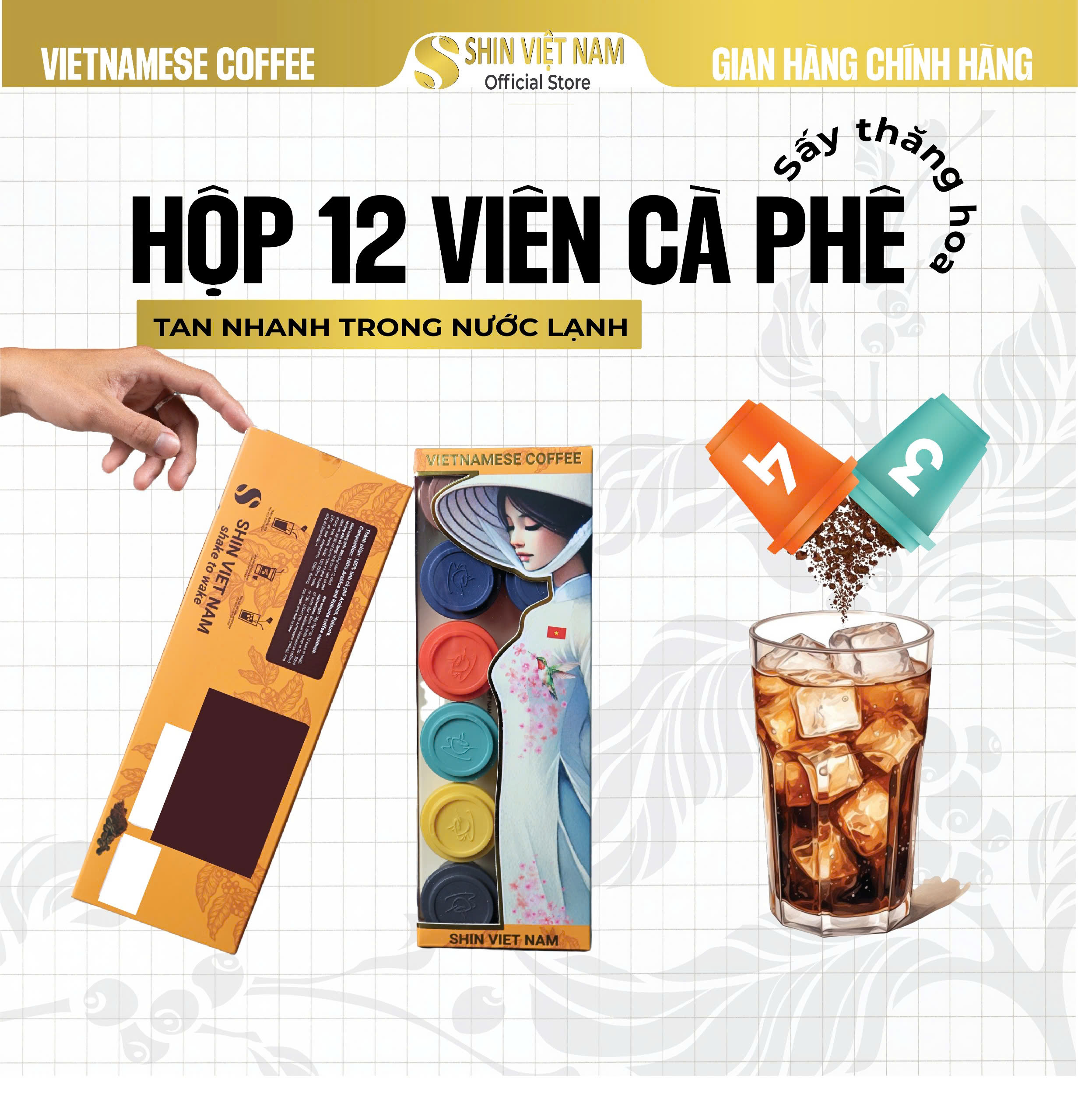HỘP 12 viên Cà Phê Hòa Tan Sấy Lạnh SHIN VIỆT NAM, Full 6 cấp độ - Cà phê nguyên chất rang xay Đắk Lắk