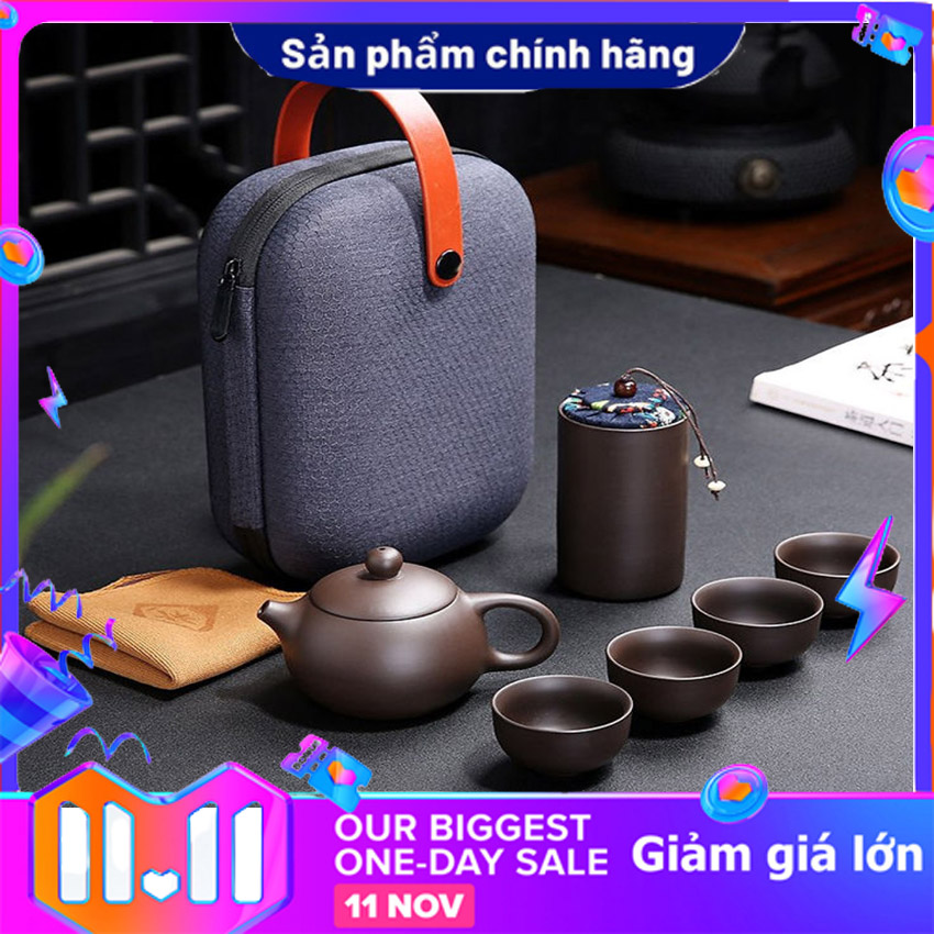 Bộ ấm pha trà tử sa bộ 6 món - bộ bình trà tử sa mini có túi đựng đi du lịch tiện lợi gồm 1 ấm trà, 4 tách, 1 bình đựng trà laz hcm