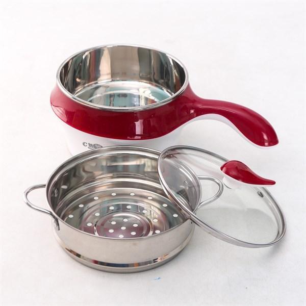 Nồi lẩu điện đa năng 2 tầng có lồng hấp và nắp kính cao cấp, Ca điện mini nấu mì siêu tốc 18cm Thế Hệ Mới, Ruột nồi chống dính, có thể rán, sào, nấu, dùng xong lau là sạch.