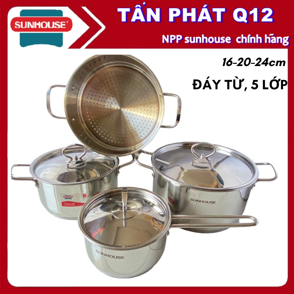 Bộ nồi inox 5 đáy sunhouse, 3 nồi 16-20-24 + xửng 24cm, nồi 16cm dạng quánh