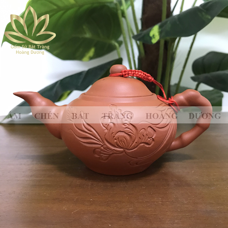 Ấm pha trà Bát Tràng đất nung vẽ tay hoa phù dung 230ml màu đỏ