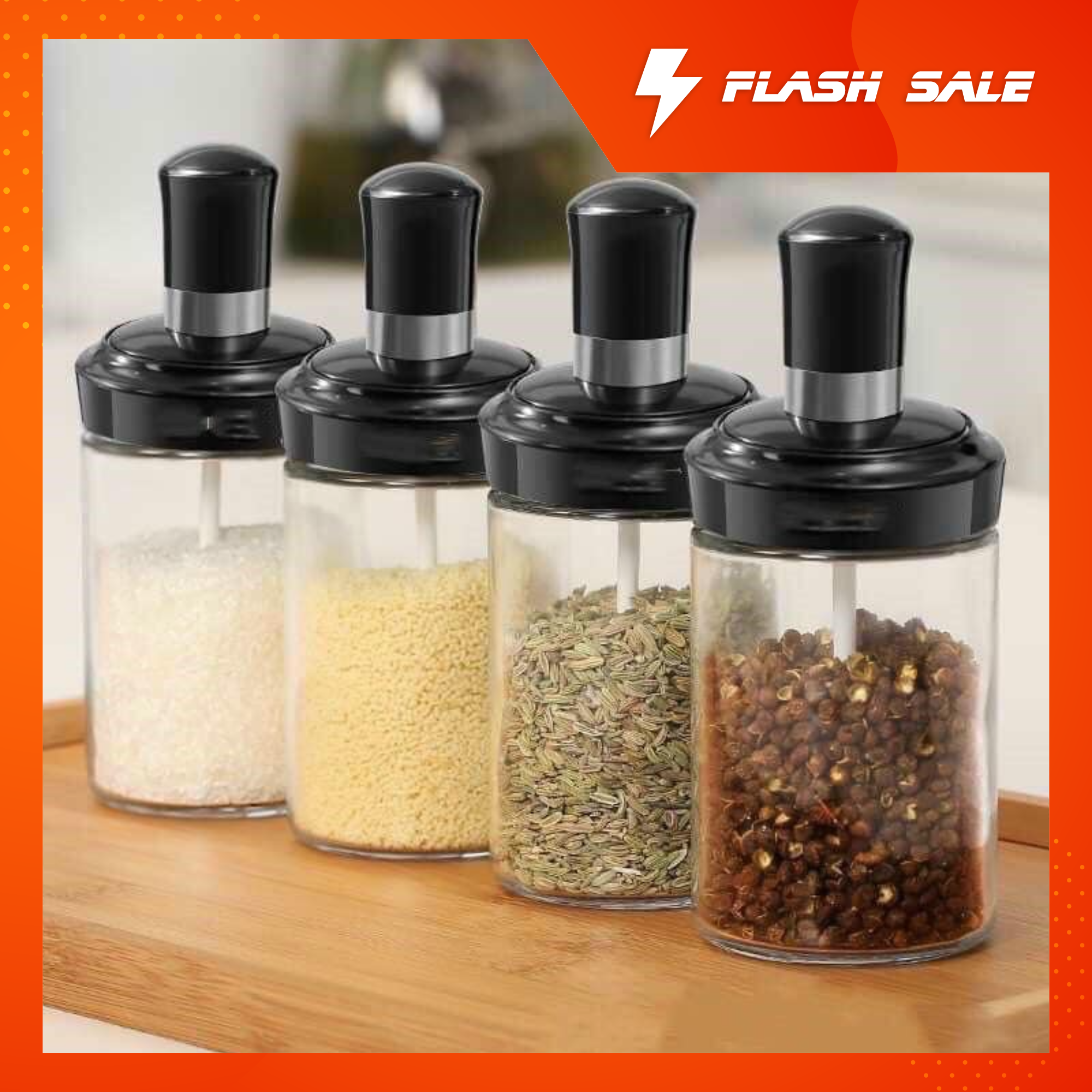Lọ Đựng Gia Vị Thủy Tinh Kèm Muỗng, Thiết Kế Nắp Đậy Kín, Dễ Vệ Sinh, TGTI18