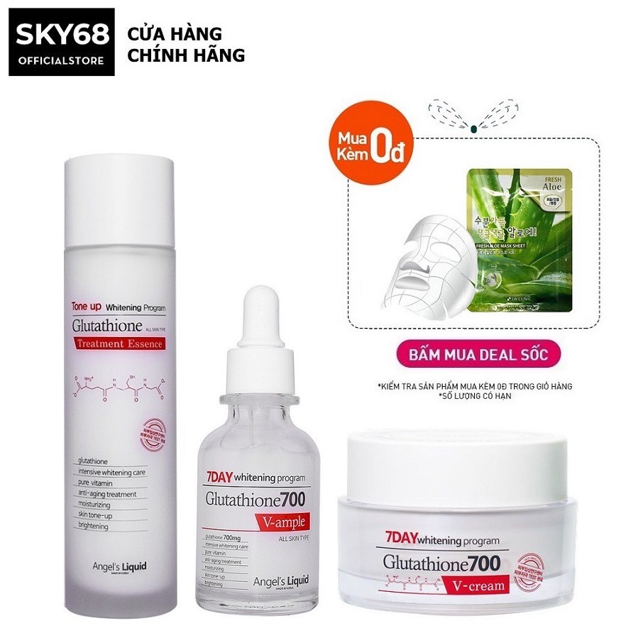 Bộ 3 Sản Phẩm Dưỡng Trắng Da 7DAY Angel's Liquid Whitening Program Gutathione 700V (Toner 150ml Serum 30ml Kem 50ml)
