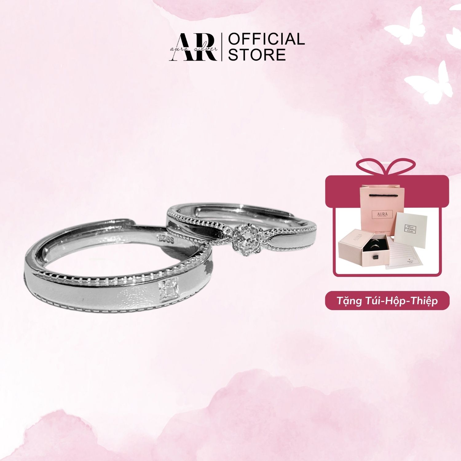 Nhẫn đôi bạc nam nữ Aura, nhẫn cặp Beloved-ND1